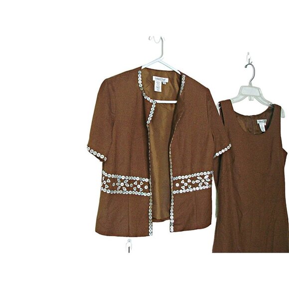Coldwater Creek Linen Dress Suit and Jacket Brown Womens Sz 6 MOP Embellishments - Picture 3 of 15